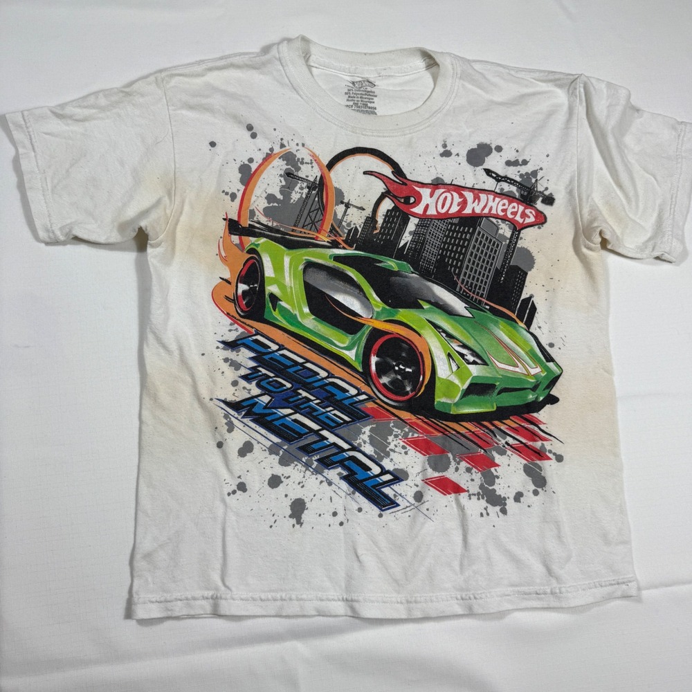 Hot Wheels Boys T-Shirt Size 10/12 White Graphic Tee Car Pedal to the‎ Metal